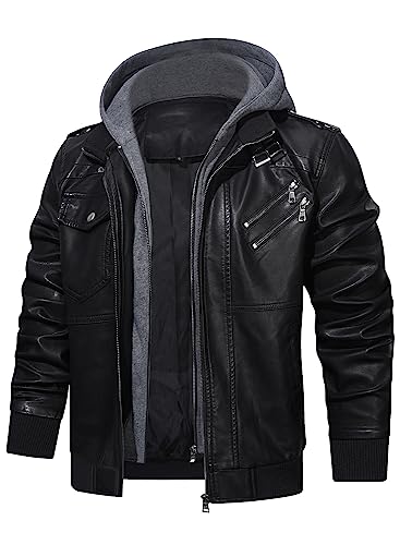 HOOD CREW Lässige Biker Lederjacke aus Kunstleder für Herren mit abnehmbarer Kapuze - 4