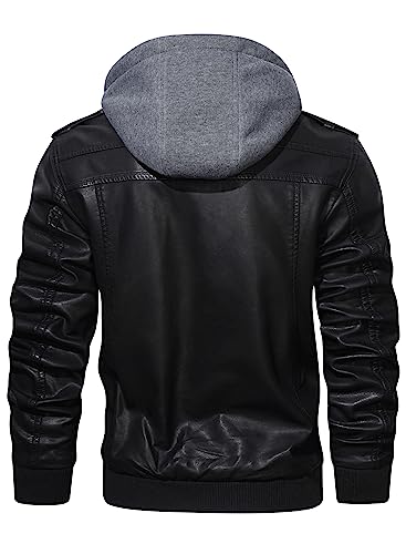 HOOD CREW Lässige Biker Lederjacke aus Kunstleder für Herren mit abnehmbarer Kapuze - 5