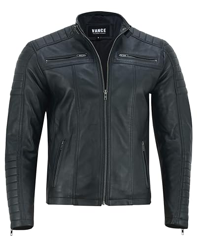 Vance The Leather Company Herren Echtleder Bikerjacke aus 100% Lammleder (as3, alpha, m, regular, regular, Schwarz) - 4