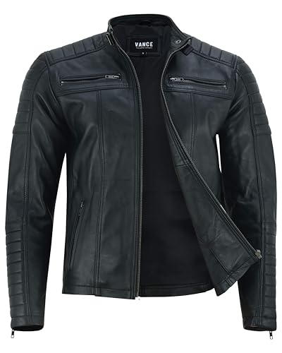Vance The Leather Company Herren Echtleder Bikerjacke aus 100% Lammleder (as3, alpha, m, regular, regular, Schwarz) - 5