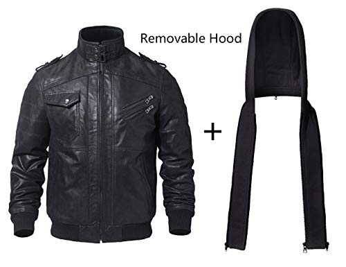 FLAVOR Echtes Lederjacke Herren Abnehmbarer Hoodie (L, Schwarz) - 3