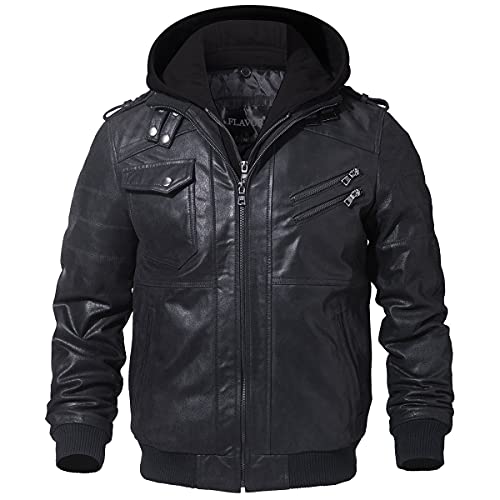 FLAVOR Echtes Lederjacke Herren Abnehmbarer Hoodie (L, Schwarz) - 4