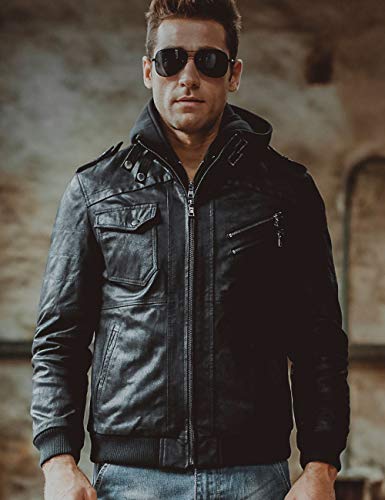 FLAVOR Echtes Lederjacke Herren Abnehmbarer Hoodie (L, Schwarz) - 5