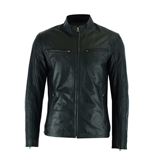 Leatherick Herren Premium Nappa Schafsleder Cafe Racer Schwarze Bikerjacke (DE/NL/SE/PL, Alphanumerisch, M, Regular, Regular, Jacket Black Hooper Style) - 2