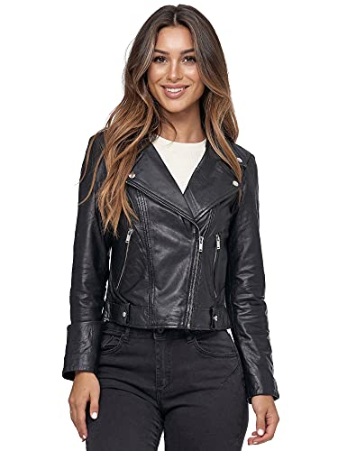 Tazzio Lederjacke Damen Echtleder Jacke im Biker Look mit coolen Zipper-Details & Reverskragen F507 (L, Schwarz) - 3