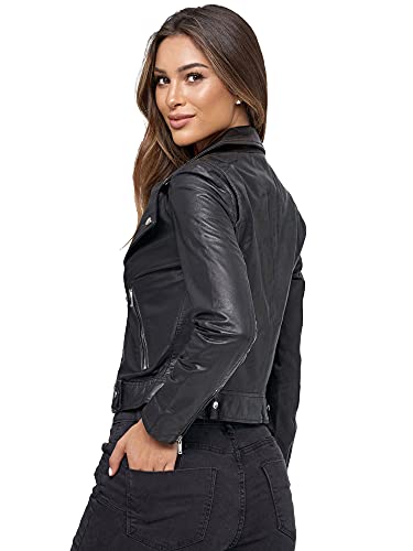 Tazzio Lederjacke Damen Echtleder Jacke im Biker Look mit coolen Zipper-Details & Reverskragen F507 (L, Schwarz) - 4