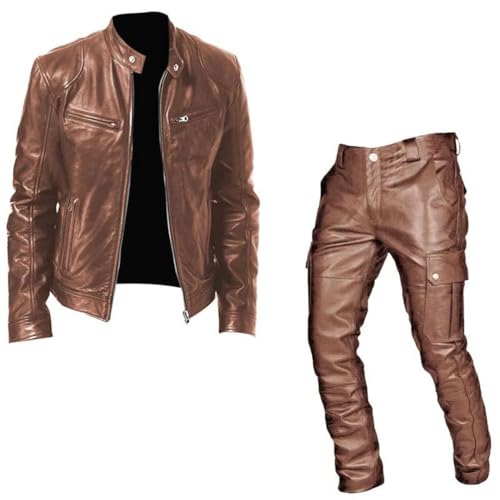 Herren-Motorrad-Set, Lederjacke und Hose, zweiteilig, PU-Leder, Freizeit-Set, Schwarz , XL - 2