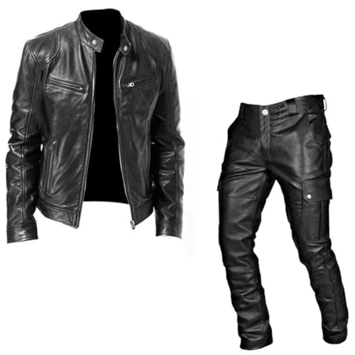 Herren-Motorrad-Set, Lederjacke und Hose, zweiteilig, PU-Leder, Freizeit-Set, Schwarz , XL - 3