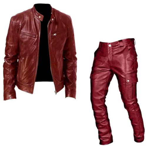 Herren-Motorrad-Set, Lederjacke und Hose, zweiteilig, PU-Leder, Freizeit-Set, Schwarz , XL - 5