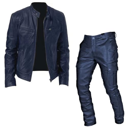 Herren-Motorrad-Set, Lederjacke und Hose, zweiteilig, PU-Leder, Freizeit-Set, Schwarz , XL - 6