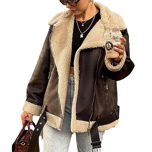 Frauen Kunstleder Bomberjacke Übergroße Pelz Reißverschluss Warm Mantel Vintage Biker Outwear Streetwear, dunkelbraun, 38 - 2