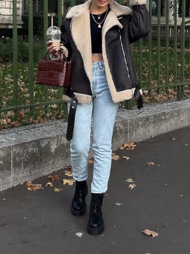 Frauen Kunstleder Bomberjacke Übergroße Pelz Reißverschluss Warm Mantel Vintage Biker Outwear Streetwear, dunkelbraun, 38 - 3