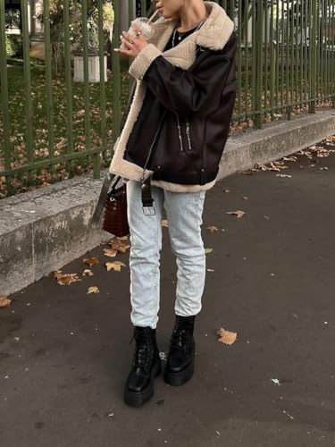 Frauen Kunstleder Bomberjacke Übergroße Pelz Reißverschluss Warm Mantel Vintage Biker Outwear Streetwear, dunkelbraun, 38 - 4