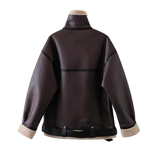 Frauen Kunstleder Bomberjacke Übergroße Pelz Reißverschluss Warm Mantel Vintage Biker Outwear Streetwear, dunkelbraun, 38 - 5