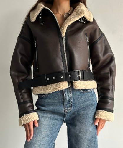 TACSTRUN Frauen Faux Shearing Pelz Winter Mantel Warm Dicke Revers Reißverschluss Fell gefüttert Kunstleder Jacke mit Gürtel,Braun,S - 2