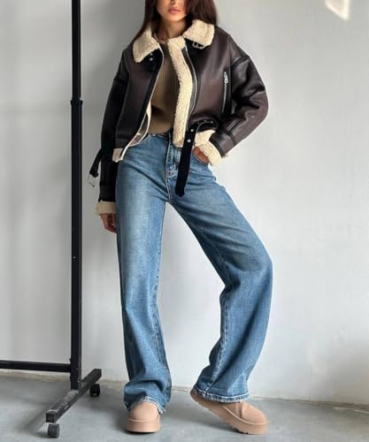 TACSTRUN Frauen Faux Shearing Pelz Winter Mantel Warm Dicke Revers Reißverschluss Fell gefüttert Kunstleder Jacke mit Gürtel,Braun,S - 3