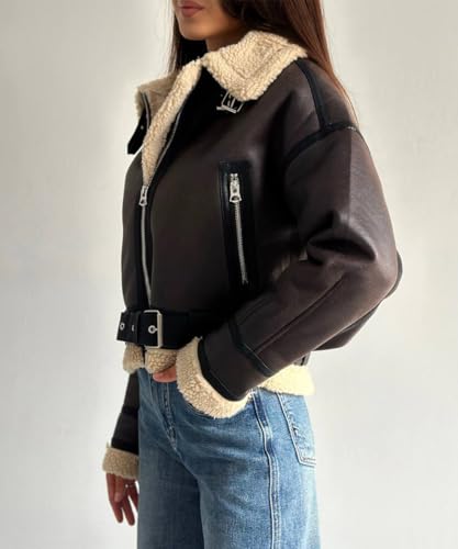 TACSTRUN Frauen Faux Shearing Pelz Winter Mantel Warm Dicke Revers Reißverschluss Fell gefüttert Kunstleder Jacke mit Gürtel,Braun,S - 4