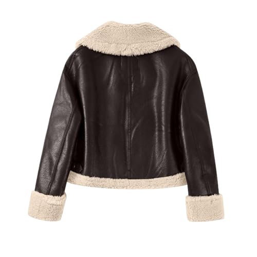 Ansenesna Lederjacke Damen Kurz Braun Winterjacke Warm Gefüttert Jacke Winter Leder Mantel Frauen Fellkragen Wintermantel Ohne Kapuze Ledermantel Mit Fell Dicke Damen-Jacken mit Reissverschluss - 2