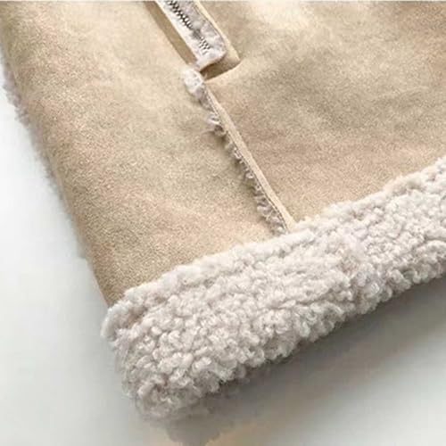 Teddyjacke Damen Wildleder Lederjacke Gefüttert Warm Teddy Mantel Revers Langärmelige Wildlederjacke Übergangsjacke Fleecejacke Khaki S - 6