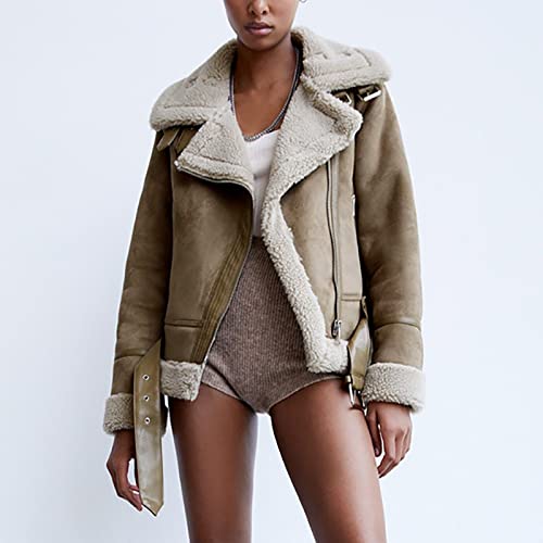 ZRYAZQ Jacke Damen Wildleder Kurz Winterjacke Damen Warm Gefüttert Teddyjacke Damen Winter Revers Bikerjacke Vintage Dicke Wintermantel Elegant Thermo Jacken Fellkragen Mantel Reißverschlußtaschen - 5