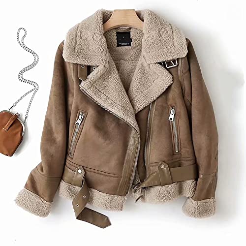 ZRYAZQ Jacke Damen Wildleder Kurz Winterjacke Damen Warm Gefüttert Teddyjacke Damen Winter Revers Bikerjacke Vintage Dicke Wintermantel Elegant Thermo Jacken Fellkragen Mantel Reißverschlußtaschen - 3