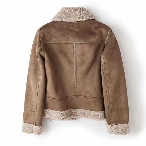 ZRYAZQ Jacke Damen Wildleder Kurz Winterjacke Damen Warm Gefüttert Teddyjacke Damen Winter Revers Bikerjacke Vintage Dicke Wintermantel Elegant Thermo Jacken Fellkragen Mantel Reißverschlußtaschen - 4