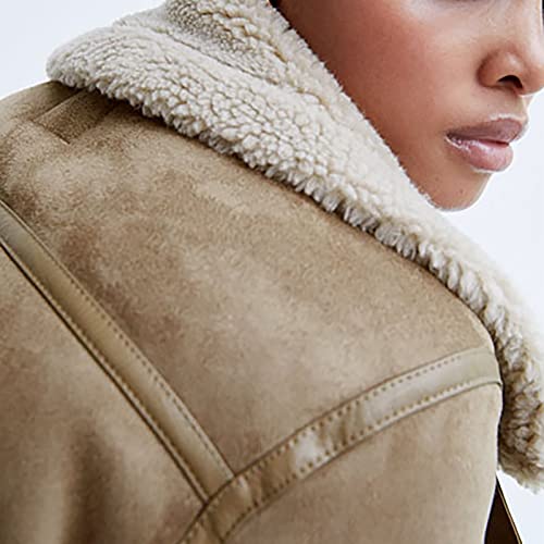 ZRYAZQ Jacke Damen Wildleder Kurz Winterjacke Damen Warm Gefüttert Teddyjacke Damen Winter Revers Bikerjacke Vintage Dicke Wintermantel Elegant Thermo Jacken Fellkragen Mantel Reißverschlußtaschen - 6