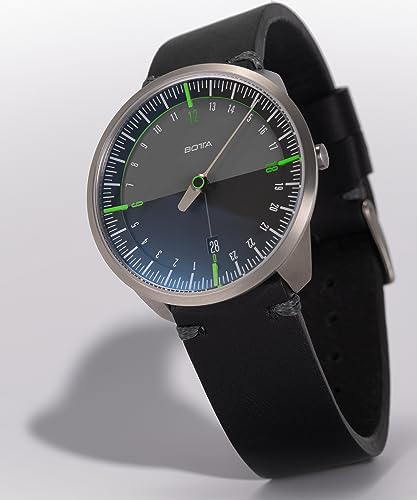 botta 24-Stunden-Einzeigeruhr Herren Schweizer Quarzwerk mit Lederarmband UNO 24 (40 mm, Schwarz/Grün) - 2