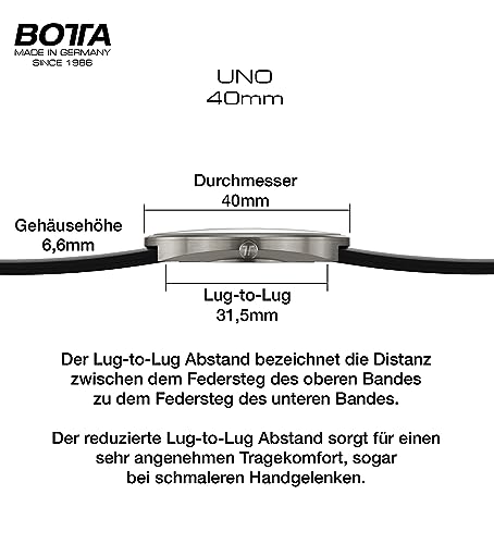 botta Einzeigeruhr Herren Schweizer Quarzwerk mit Lederarmband UNO (40 mm, Weiß) - 5