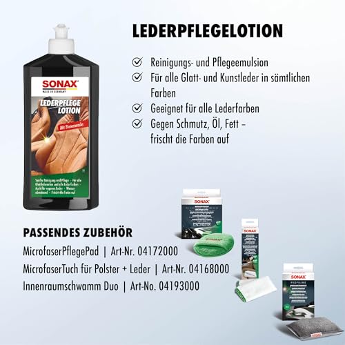 SONAX LederPflegeLotion (500 ml) wasserabweisende Lederpflege mit Bienenwachs für eine sanfte Reinigung und Pflege von Glattleder und Kunstleder | Art-Nr. 02912000 - 3