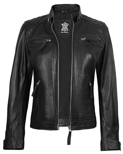 fjackets Echtlederjacke für Damen – Premium-Lammfell-Lederjacke im Motorrad-Stil für Damen, Johnson Lederjacke für Damen, Schwarz, Small - 2