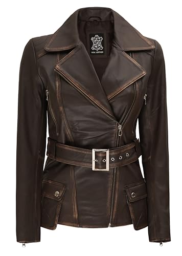 fjackets Lange Lederjacke Frauen - Echtes Lammfell Leder Motorradjacke & Mäntel für Damen, Victoria Brown, L - 2