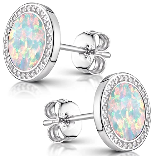 MATERIA Opal Ohrringe Silber 925 - Damen Ohrstecker weiß rund flach mit Zirkonia Steine in Schmuck Box SO-394-Opal - 3