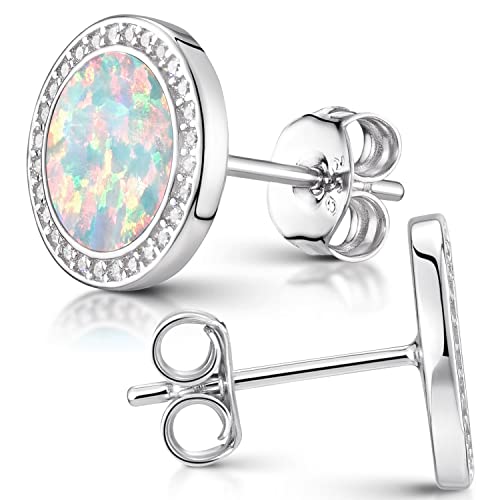 MATERIA Opal Ohrringe Silber 925 - Damen Ohrstecker weiß rund flach mit Zirkonia Steine in Schmuck Box SO-394-Opal - 4