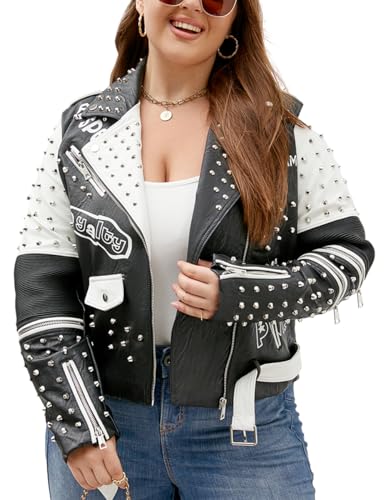 Geschallino Damen Jacke Kunstleder Große Größen Graffiti Nietennieten Punk Blumen Moto Biker Mantel 0376Plus Schwarz XL - 2