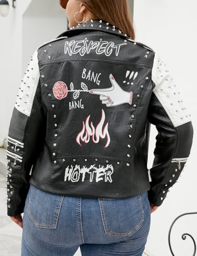 Geschallino Damen Jacke Kunstleder Große Größen Graffiti Nietennieten Punk Blumen Moto Biker Mantel 0376Plus Schwarz XL - 5