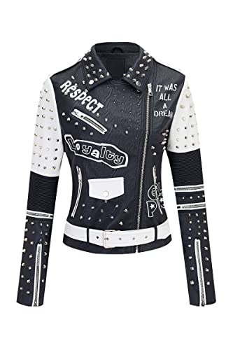 Geschallino Damen Jacke Kunstleder Große Größen Graffiti Nietennieten Punk Blumen Moto Biker Mantel 0376Plus Schwarz XL - 9