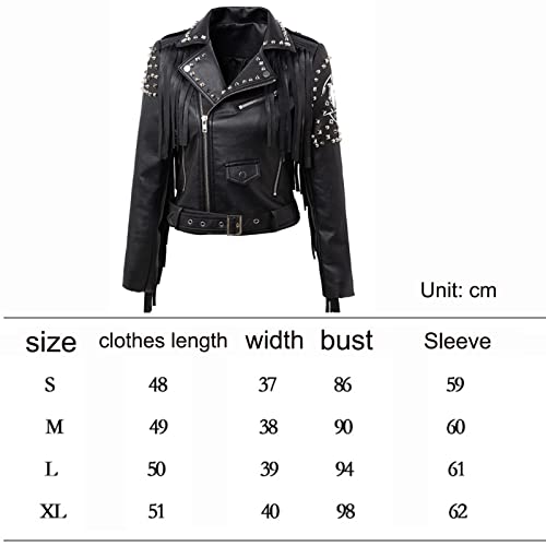 YXYECEIPENO Schwarze Street-PU-Lederjacke Kurze Bikerjacke Aus Leder Mit Nieten Und Fransen Atmungsaktives Futter, Geeignet for Frühling Und Herbst(S) - 2