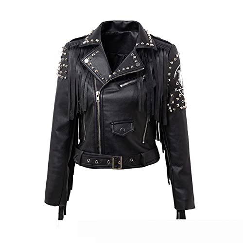 YXYECEIPENO Schwarze Street-PU-Lederjacke Kurze Bikerjacke Aus Leder Mit Nieten Und Fransen Atmungsaktives Futter, Geeignet for Frühling Und Herbst(S) - 3