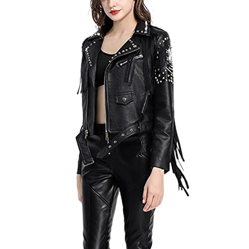 YXYECEIPENO Schwarze Street-PU-Lederjacke Kurze Bikerjacke Aus Leder Mit Nieten Und Fransen Atmungsaktives Futter, Geeignet for Frühling Und Herbst(S) - 4