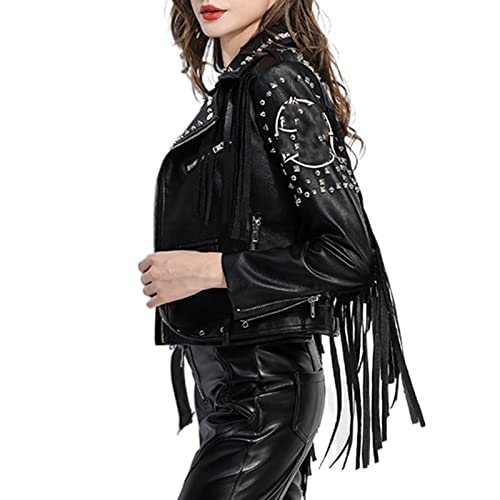 YXYECEIPENO Schwarze Street-PU-Lederjacke Kurze Bikerjacke Aus Leder Mit Nieten Und Fransen Atmungsaktives Futter, Geeignet for Frühling Und Herbst(S) - 5