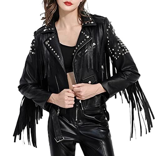 YXYECEIPENO Schwarze Street-PU-Lederjacke Kurze Bikerjacke Aus Leder Mit Nieten Und Fransen Atmungsaktives Futter, Geeignet for Frühling Und Herbst(S) - 7