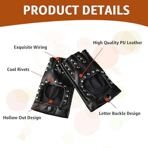 Lpolkvemelh 1 Paar Fingerlose Lederhandschuhe, Punk Handschuhe Fingerlos mit Nieten PU Stylisch Leder Handschuhe Damen Leder Aushöhlen für Cosplay Themenparty Hip-Hop Tanz Party Dekoration, Schwarz - 3