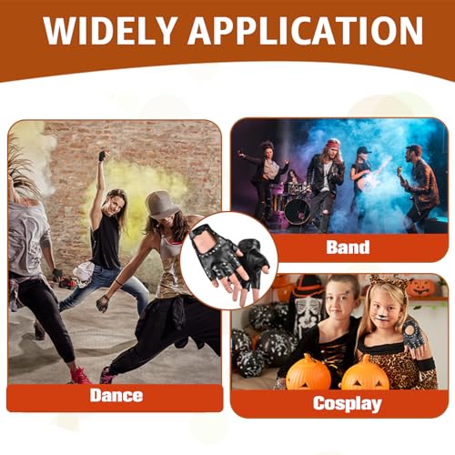 Lpolkvemelh 1 Paar Fingerlose Lederhandschuhe, Punk Handschuhe Fingerlos mit Nieten PU Stylisch Leder Handschuhe Damen Leder Aushöhlen für Cosplay Themenparty Hip-Hop Tanz Party Dekoration, Schwarz - 4