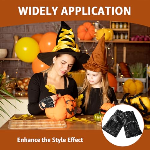 Lpolkvemelh 1 Paar Fingerlose Lederhandschuhe, Punk Handschuhe Fingerlos mit Nieten PU Stylisch Leder Handschuhe Damen Leder Aushöhlen für Cosplay Themenparty Hip-Hop Tanz Party Dekoration, Schwarz - 6