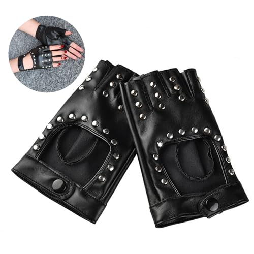Lpolkvemelh 1 Paar Fingerlose Lederhandschuhe, Punk Handschuhe Fingerlos mit Nieten PU Stylisch Leder Handschuhe Damen Leder Aushöhlen für Cosplay Themenparty Hip-Hop Tanz Party Dekoration, Schwarz - 7