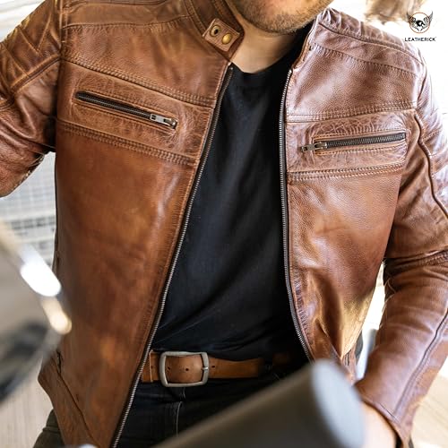 Leatherick Herren-Bikerjacke aus echtem Leder im Distressed-Look, Hellbraun, Distress Brown (DE/NL/SE/PL, Alphanumerisch, XL, Regular, Regular) - 7