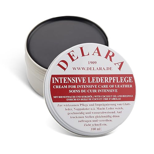 DELARA Intensive Lederpflege, schwarz, 100 ml - Imprägniert und schützt Leder sehr wirksam. Neue Rezeptur mit hochwertigem Kokosöl und Bienenwachs - Made in Germany