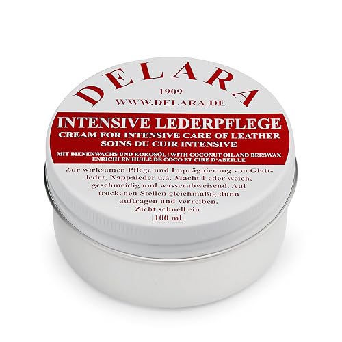 DELARA Intensive Lederpflege, schwarz, 100 ml - Imprägniert und schützt Leder sehr wirksam. Neue Rezeptur mit hochwertigem Kokosöl und Bienenwachs - Made in Germany