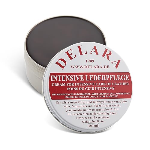 DELARA Intensive Lederpflege, schwarz, 100 ml - Imprägniert und schützt Leder sehr wirksam. Neue Rezeptur mit hochwertigem Kokosöl und Bienenwachs - Made in Germany